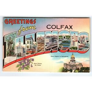 Greetings From Colfax Illinois 1940's Postcard Large Letter Linen Vintage 1947